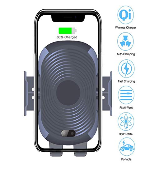DB Wireless car Charger auto-Clamping Mount,Air Vent Phone Holder,Qi Fast Charging Compatible for Samsung Galaxy S9,S8 S7,Note 8, iPhone X/XS/XS Max/XR/8/8 Plus & Qi Enabled Devices