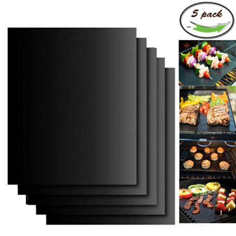 Aoocan Grill Mat Set of 5- 100% Non-stick BBQ Grill & Baking Mats - FDA-Approved, PFOA Free, Reusable and Easy to Clean - Works on Gas, Charcoal, Electric Grill and More - 15.75 x 13 Inch
