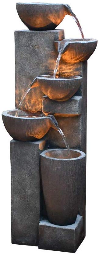 GF Gardenfans 5-Tier Outdoor Water Fountain Decor with LED Lighting Natural Looking Stone Resin Fountain Decor for Garden Patio Fold Court Yard Deck 12.99〃 L x 13.78〃 W x 39.76〃 H