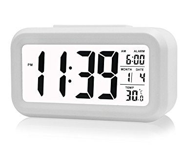 EchoAcc® LED Digital Alarm Clock, Large HD Display, Snooze, Smart Soft Light, Battery Operated, Simple Setting, Temperature Display, Easy for Travel (White)