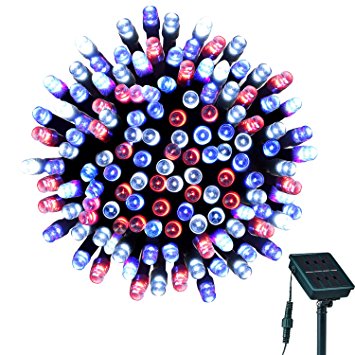 Solar Powered Outdoor String Lights, LOENDE Waterproof 72FT 200 LED 8 Modes Patriotic Red White & Blue Decorative Christmas Lights for Thanksgiving, Party Decoration, Garden, Holiday, Xmas Tree