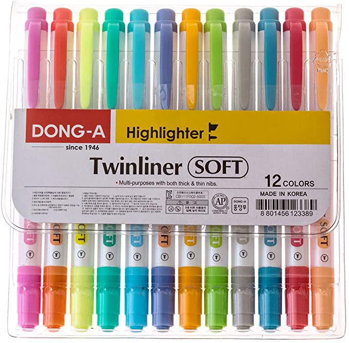 DONG-A Twinliner Double-Sided Highlighter, Fine and Broad Tips, 12 Color Set