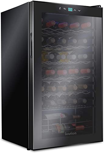 Ivation 34 Bottle Compressor Wine Cooler Refrigerator | Large Freestanding Wine Cellar For Red, White, Champagne or Sparkling Wine | 41f - 64f Touch Digital Temperature Control Fridge Glass Door Black