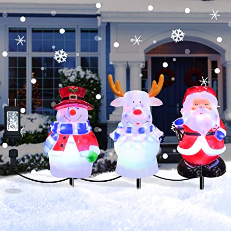 Christmas Decorations Pathway Light Outdoor, Waterproof Landscape Path Lights Decor 3 in 1 Snowman Santa Reindeer Outdoor Stake Decoration for Patio, Yard, Garden, Lawn Decoration