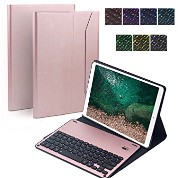 iPad Pro 10.5 Case with Keyboard Backlit,Genjia Luxury Leather Slim Fold-standing Smart Cover with Detachable Wireless Keyboard Built-in Colorful Backlight for Apple iPad Pro 10.5 inch(2017)-Rose Gold