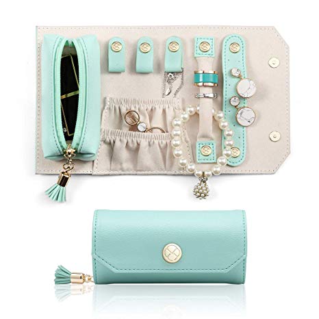 Vlando Travel Jewelry Organizer, Portable Leather Jewelry Roll for Travel, Mini Size & Light Weight Jewelry Storage Organizer Bag for Daily Jewelries for Bracelets, Earrings, Rings (Green)