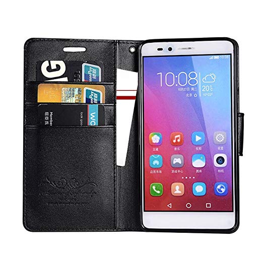 HUAWEI HONOR 5X Case, MicroP(TM) Side Flip Pu Leather Cover Pc Hard Case Shell Compatible - PU Leather Wallet for HUAWEI HONOR 5X / HUAWEI GR5 (Black Leather Cover)