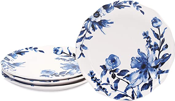 Bico Watercolor Blue Flower Ceramic 8.75 inch Scalloped Salad Plates, Set of 4, for Salad, Appetizer, Microwave & Dishwasher Safe
