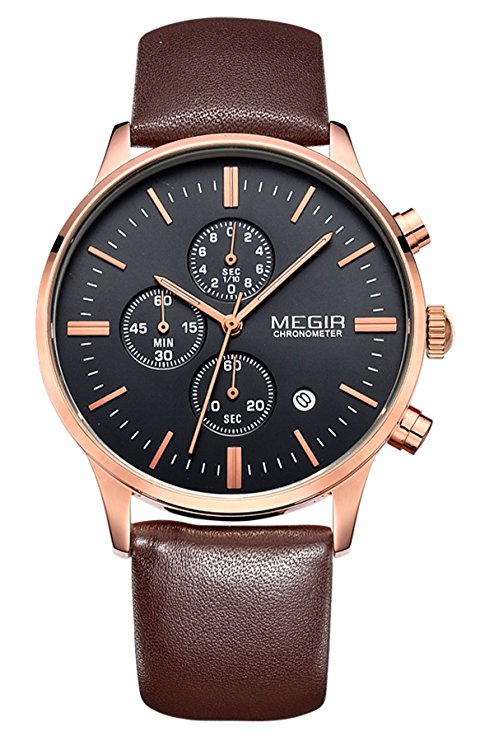 Megir Mens Classic Business Casual Chronograph Brown Leather Quartz Watches