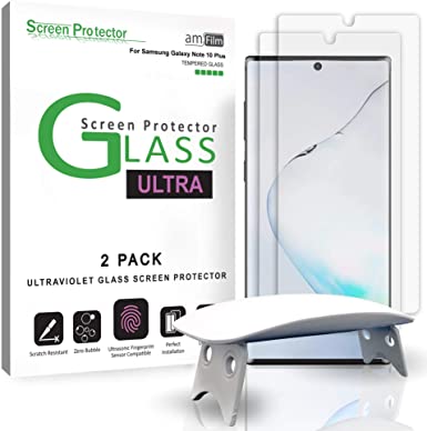 amFilm Ultra Glass Screen Protector for Galaxy Note 10 Plus (2 Pack), Full Cover (Fingerprint Scanner Compatible) Tempered Glass Film with UV Gel Application for Samsung Galaxy Note 10  (2019)