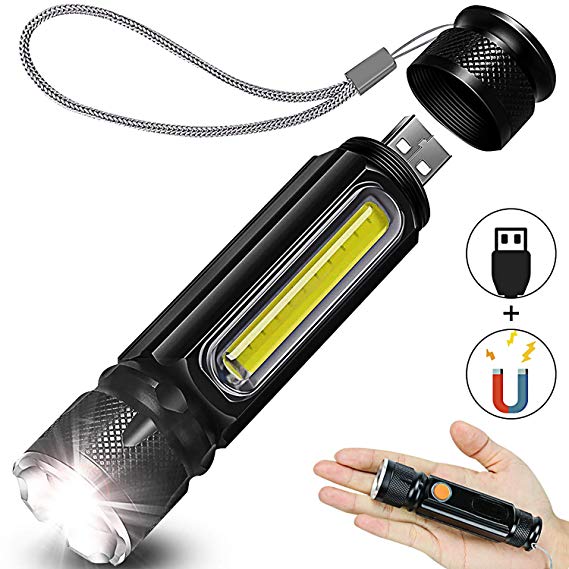 USB Rechargeable Tactical Flashlight, Side Built-in COB Work Light (Black, 1Pack)