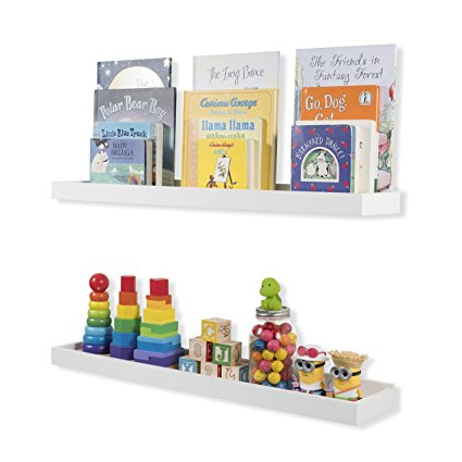 Wallniture Nursery Bookshelf - Floating Book Shelves for Kids Room - 31 Inch Picture Ledge Book Tray Toy Storage Display White Set of 2