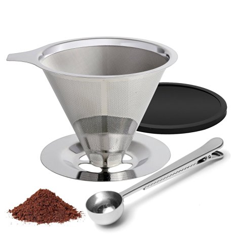 Pour Over Coffee Filter Paperless - STYDDI Stainless Steel Reusable Double Mesh Coffee Dripper with Stand , Coffee Scoop with Bag Clip and Free Coffee Cup Mat Coaster