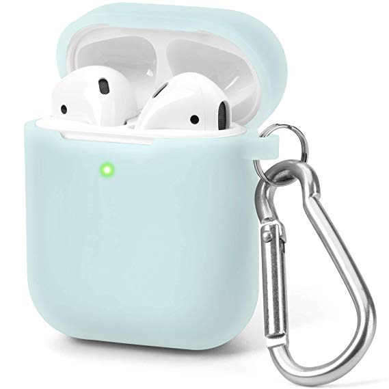 AirPods Case [Front LED Visible], GMYLE Silicone Protective Shockproof Wireless Charging Airpods Earbuds Case Cover Skin with Keychain Set Compatible for Apple AirPods 1 & 2 - Light Aqua