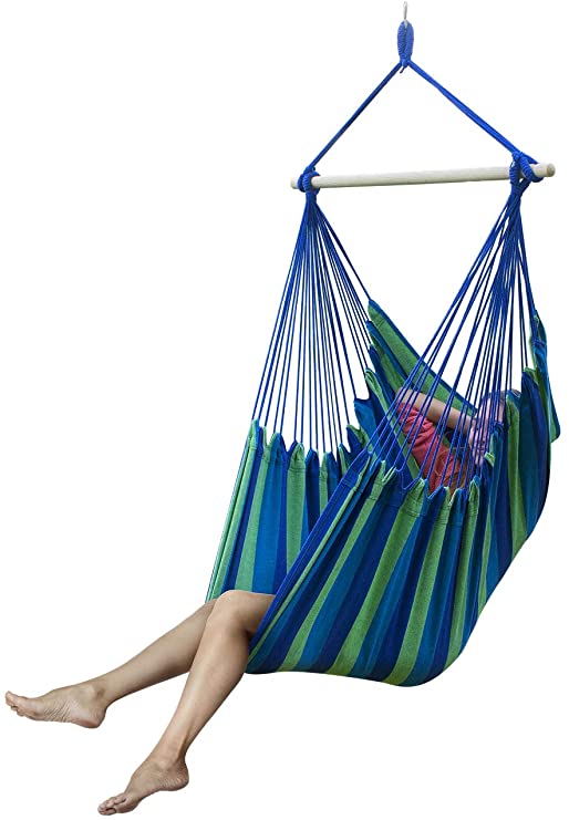 Sorbus HMK-PRTB-B Large Brazilian Hammock Chair-Cotton Weave-Extra Long Bed-(Blue and Green Stripes)