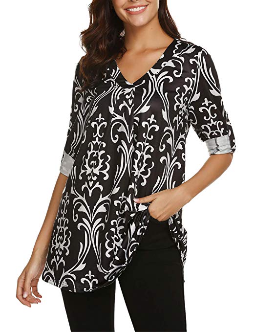 BEAUTEINE Print Blouses for Women Cuff Sleeve Top Women V Neck Shirts Pleated Tunic Top Plus Size