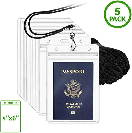 EcoEarth Passport Holder and Lanyard Set (4x6 Inch Clear Zippered Pouch, 5 PK), Extra Large ID Badge with Black Lanyards