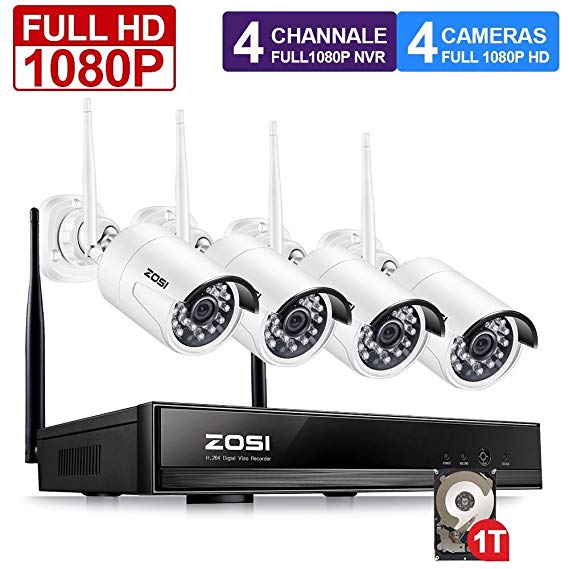 ZOSI FULL 1080P HD Wi-Fi Wireless Security Camera System 4CH 1080P HDMI NVR and (4) HD 2.0MP 1080P Indoor/Outdoor IP Cameras,65ft Night Vision, Customizable Motion Detection With 1TB Hard Drive