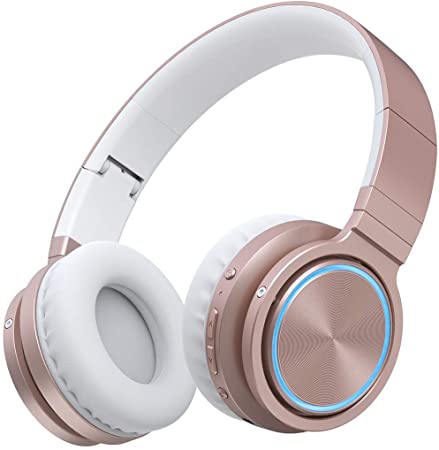 PICUN Wireless Bluetooth Headphones Over Ear with LED light and Mic, 25 Hours Playtime Foldable Headset, TF/Wired Mode (Rose Gold)