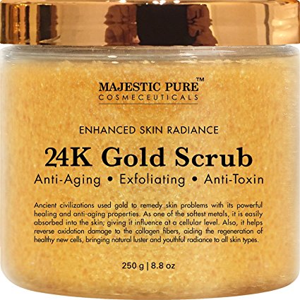 24K Gold Body Scrub and Facial Scrub from Majestic Pure, 8.8 Oz - Ancient Anti Aging Body and Face Scrub Formula Helps Bringing Youthful Radiance