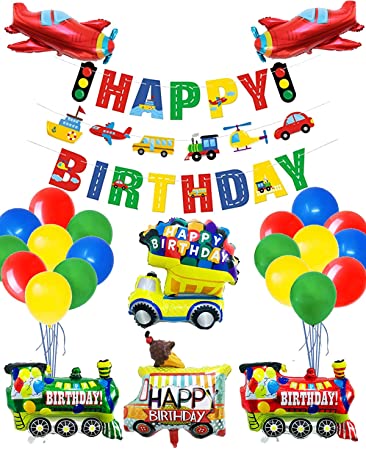 Transportation Party Supplies, 3 Set Transportation HAPPY BIRTHDAY Banners and 46 Pcs Transportation Theme Balloons for Kids Birthday Party