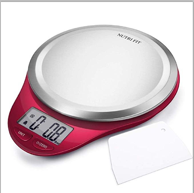 Digital Kitchen Scale with Dough Scraper, NUTRI FIT High Accuracy Multifunction Food Scale with LCD Display for Baking Kitchen Cooking,Tare & Auto Off Function (Wine Red)