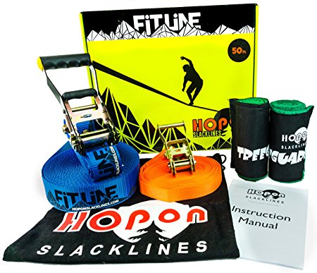 Complete Slackline Kit for Kids & Adults - 50 ft Fitline by HopOn Slacklines - Includes Training Line, 2x Treeguards Tree Protection   Carrying Bag - for Fitness, Balance, Exercise and Fun - Eas