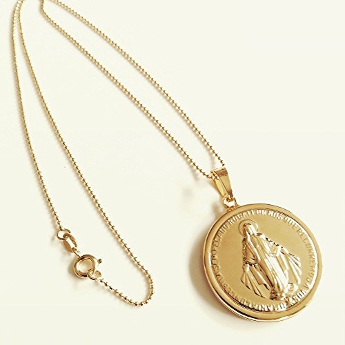 Miraculous Medal Necklace gold tone Virgin Mary BIG pendant, 18K gold plated ball chain