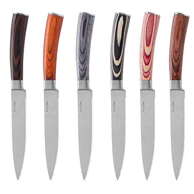 La Cote 6 Piece Steak Knives Set Japanese Stainless Steel Wood Handle In Gift Box (Pakka Wood - Multi)