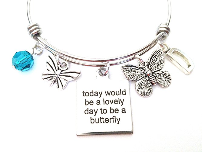 Butterfly quote / Butterflies themed personalized bangle bracelet. Antique silver charms and a genuine Swarovski birthstone colored element.