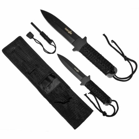 Survivor HK-1035 Fixed Blade Outdoor Knife Set Black Double-Edge Blades Black Cord-Wrapped Handles 7-Inch and 10-Inch Overall