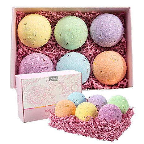 Anjou Bath Bombs Gift Set, 6 x 4.0 oz Vegan Natural Essential Oils & Dry Flowers, lush Fizzy Spa Moisturizes Dry Skin, Bubble Baths, Best Gift Kit Ideas for Girlfriends, Women, Moms