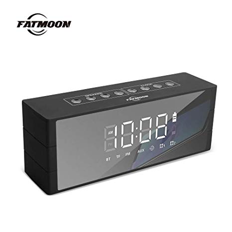 Bluetooth Speaker Clock Wireless Speaker with LED Clock,FM Radio,Large Mirror LED Dimmable Display for Hotel,Home,Office,Bedroom,Travel