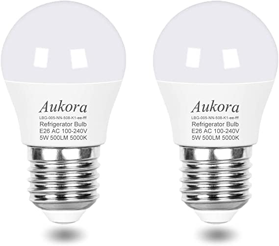 Aukora 5W Led Refrigerator Light Bulb, Equivalent 40w 120v Appliance Light Bulb Waterproof Daylight White 5000K 500LM A15 Fridge Light Bulb Not-Dim E26 Medium Base Energy Saving Freezer Bulb(2 Pack)