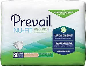 Prevail Nu-Fit Incontinence Briefs, Unisex Disposable Adult Diapers with Tabs for Men & Women, Maximum Absorbency, X-Large, 60 Count (4 Packs of 15)