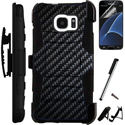 For Samsung Galaxy S7 Case Armor Hybrid Bumper Silicone Cover Kick Stand LuxGuard Holster [WORLD ACC®] LCD Screen Protector Stylus Dust Cap (Carbon Fiber/Black)