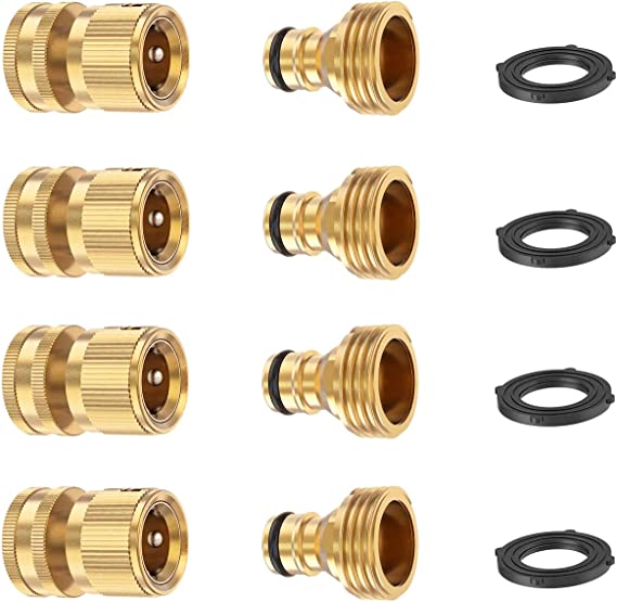 FINEST  Garden Hose Quick Connector, Solid Brass 3/4 Inch Thread Fitting No-Leak Water Hose Female and Male Easy Connect (4 Sets)