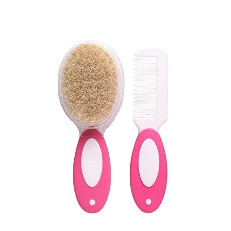 Molylove Baby Grooming Set, Baby Hair Brush and Comb Set for Newborns & Toddlers Eco-Friendly Safe and Soft Goat Bristle Brush, Perfect for New Baby Shower and Registry Gift (Pink)