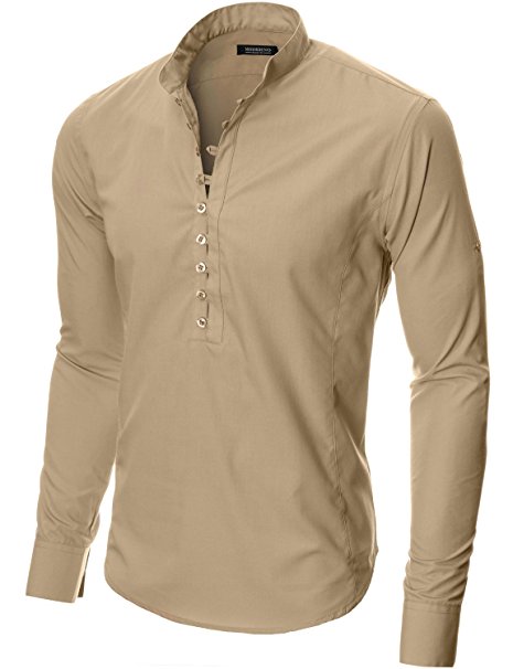 MODERNO Mens Shirts Slim Fit Casual Henley Long Sleeve Grandad Collar (MOD1431LS)