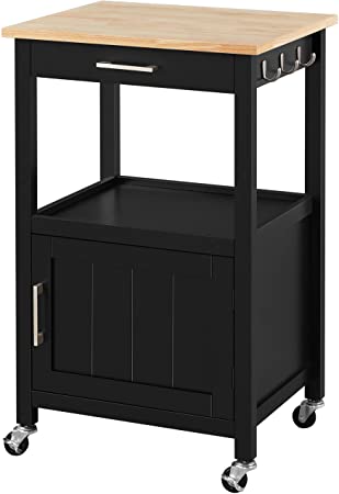 YAHEETECH Small Kitchen Island on Wheels with Wood Top and Drawer, Trolley Cart with Open Shelf and Storage Cabinet for Dining Room, L22xW18xH35 Inches, Black