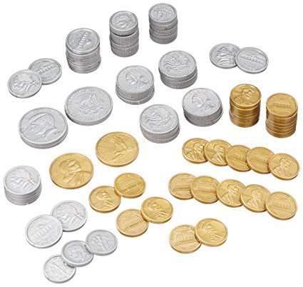 Learning Resources Play Money Coin set of 30 pennies, 20 each of nickles, dimes, and quarters, 4 half-dollars, and 2 Sacagawea