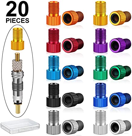 20 Pieces Presta Valve Adapter Convert Presta to Schrader French/UK to US Bicycle Bike Tire Valve Adapter Converter Aluminum Alloy with Rubber Sealing Ring and 1 Transparent Plastic Box, 10 Colors