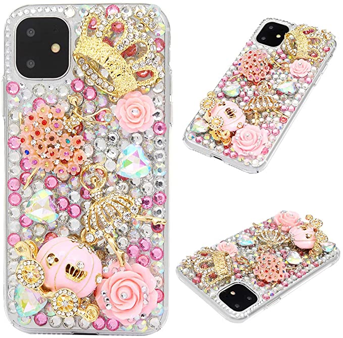 iPhone 11 Case, Mavis's Diary 3D Handmade Luxury Bling Pink Pumpkin Carriage and Rose Flower Golden Floral Crown Shiny Diamonds Glitter Rhinestones Gems Clear Hard PC Cover