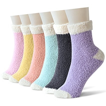 Skola Women's 6pairs pack Patterned Super Soft Cozy Fuzzy Winter Warm Crew Slipper Home Socks