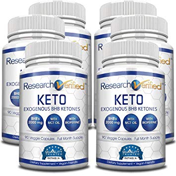 Research Verified Keto - Vegan Keto Supplement with 4 Exogenous Ketone Salts (Calcium, Sodium, Magnesium and Potassium) and MCT Oil to Boost Energy, Weight Loss and Focus in Ketosis - 6 Bottles