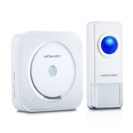 Homasy Wireless Doorbell Operating at over 1000-feet Range IP55 Waterproof Transmitter 52 Chimes changed by forward  back button 4-Level Volume No Batteries Required for Receiver White