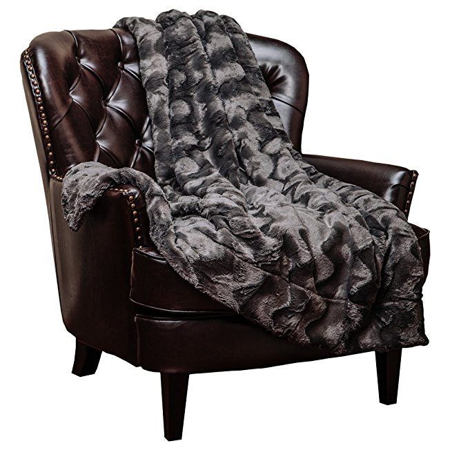 Chanasya Super Soft Warm Elegant Cozy Fuzzy Fur Fluffy Faux Fur with Sherpa Wave Shape Embossed Plush Dark Gray Microfiber Throw Blanket (50" x 65")- Solid Charcoal Gray