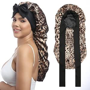 AWAYTR Long Satin Bonnet for Women - Double Layer Elastic Silk Bonnet for Braids Hair Sleeping Cap with Tie Band (Leopard)