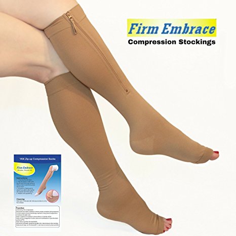 Compression Socks, Zipper, Knee Length, Open Toe. 20-30mmHg. Sizes Medium-XXL