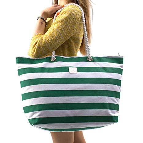 Large Canvas Beach Bag - Striped Tote Bag With Waterproof Lining - Top Zipper Closure